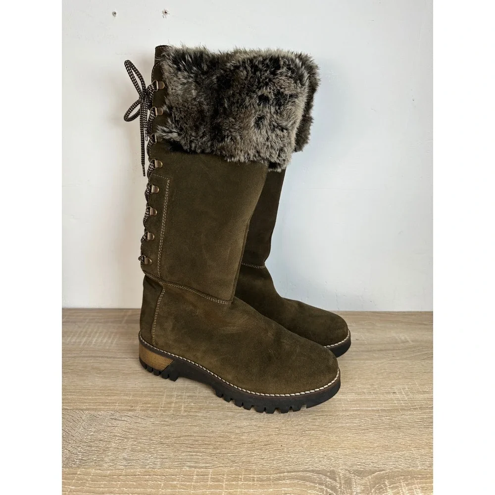 Bos & Co. Olive Green Suede Faux Fur Trim Lace Up Back Winter Boots Size 39